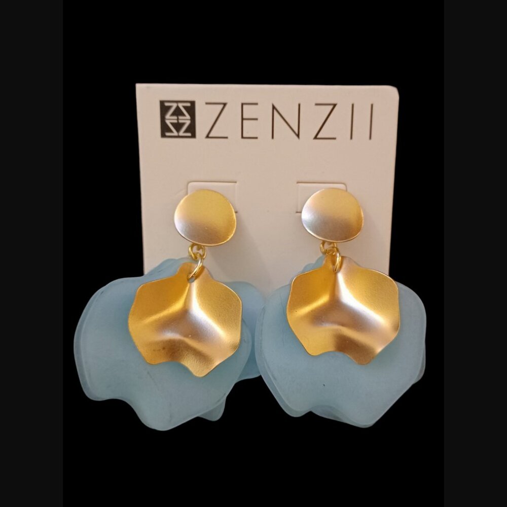 Zenzii God Tone Blue Acrylic Petal Stud Drop Dangle Earrings 2.25" Long NWT